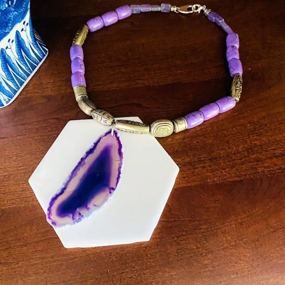 Polished Purple Agate Slice Pendant and Howlite Beaded Necklace